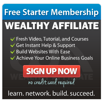 Banner with "Free Starter Membership" text, green checkmarks, and details on Wealthy Affiliate program benefits